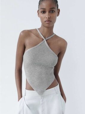 Zara Silver Gray Shimmer Asymmetric Knit Halter Backless Top